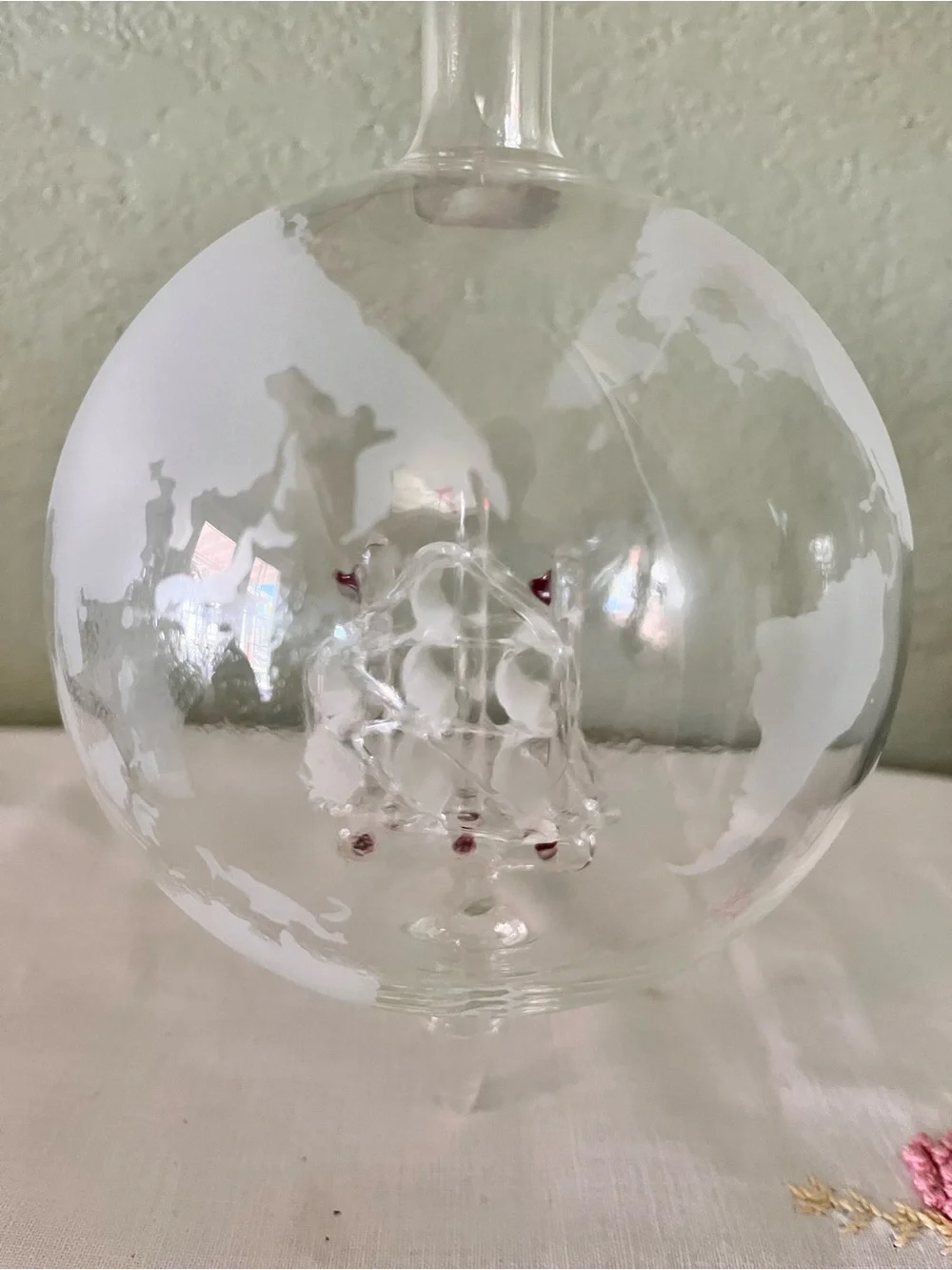 Vintage Glass Globe Ship Decanter on Wooden Stand Frosted World Map Barware